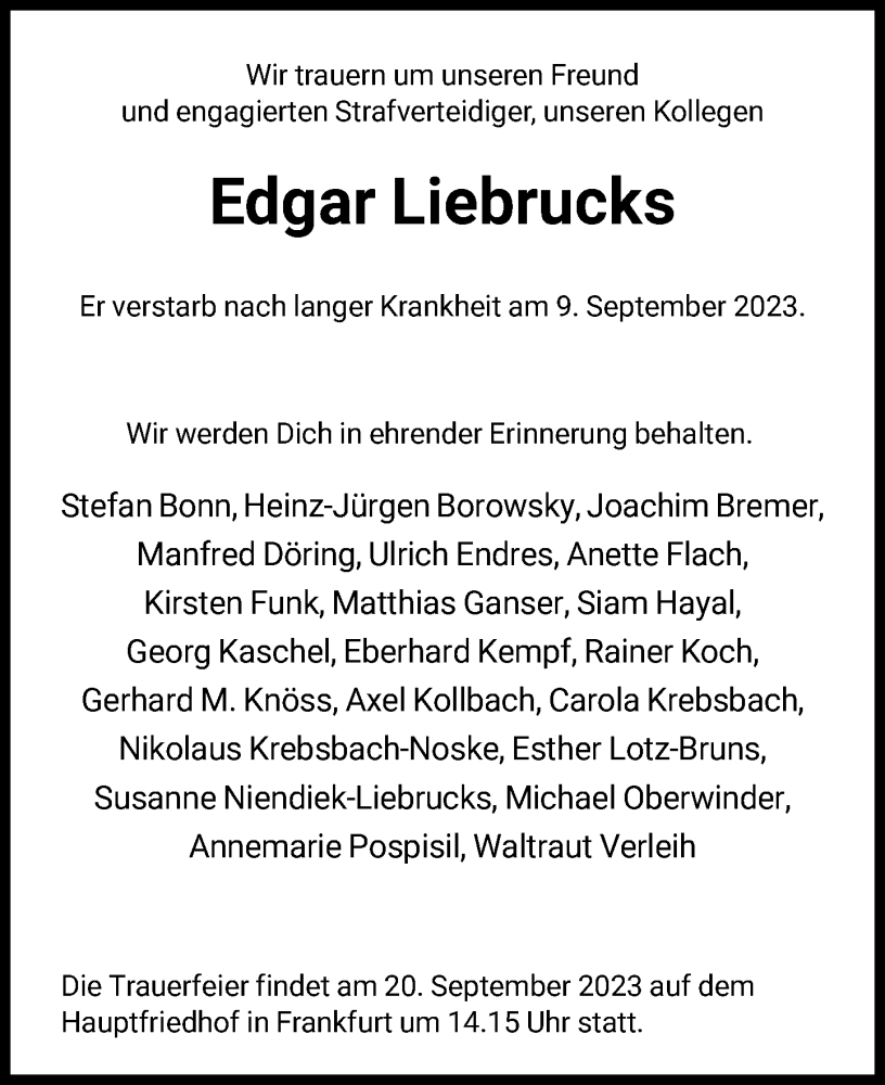  Traueranzeige für Edgar Liebrucks vom 15.09.2023 aus FNP