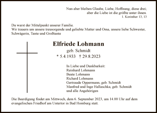 Traueranzeige von Elfriede Lohmann von FNPFNPFNP