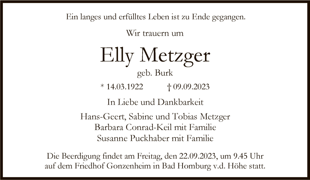  Traueranzeige für Elly Metzger vom 16.09.2023 aus FNP