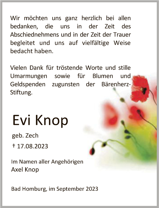 Traueranzeige von Evi Knop von FNP