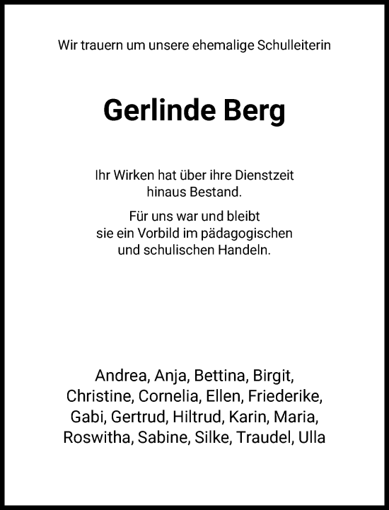 Traueranzeige von Gerlinde Berg von FNP