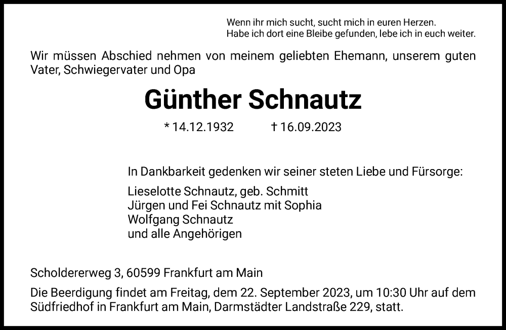  Traueranzeige für Günther Schnautz vom 19.09.2023 aus FNP