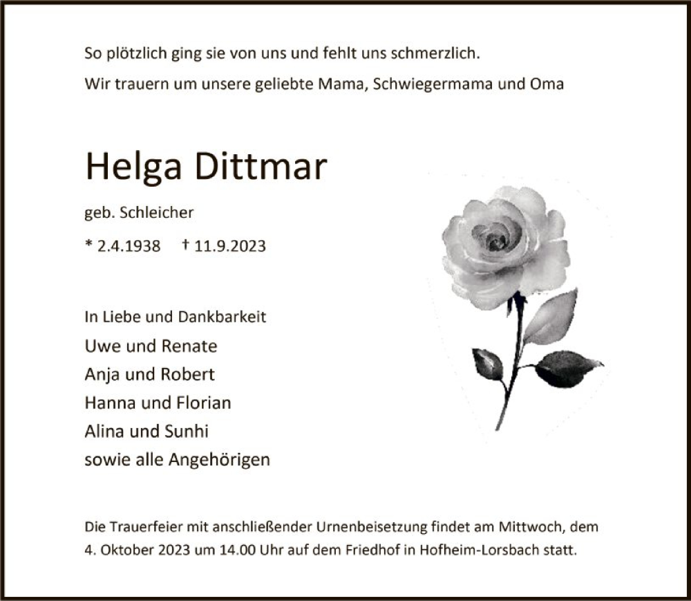  Traueranzeige für Helga Dittmar vom 18.09.2023 aus FNP