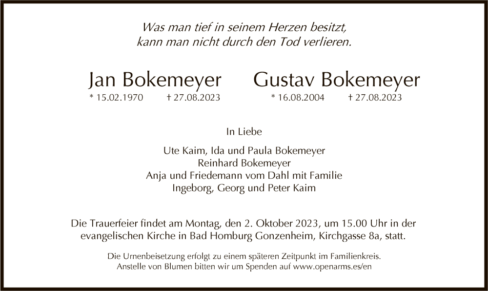  Traueranzeige für Jan Bokemeyer vom 23.09.2023 aus FNP
