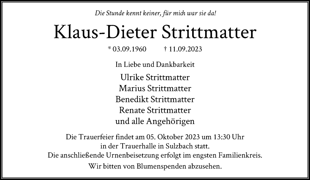  Traueranzeige für Klaus-Dieter Strittmatter vom 30.09.2023 aus FNP