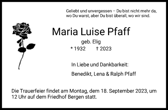 Traueranzeige von Maria Luise Pfaff von FNP