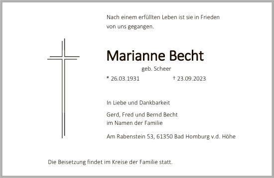 Traueranzeige von Marianne Becht von FNP