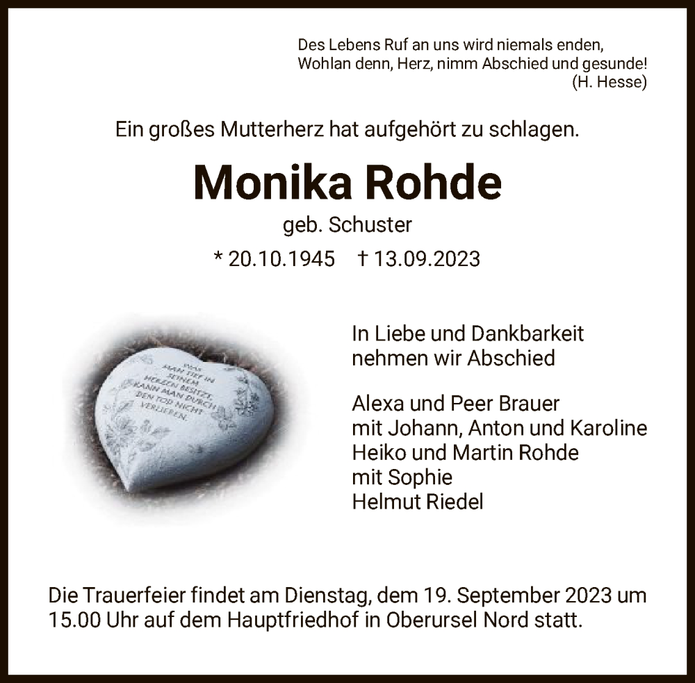  Traueranzeige für Monika Rohde vom 16.09.2023 aus FNP
