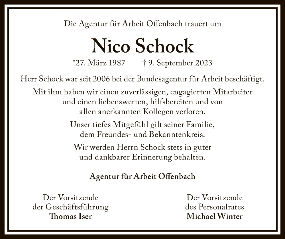  Traueranzeige für Nico Schock vom 23.09.2023 aus FNP