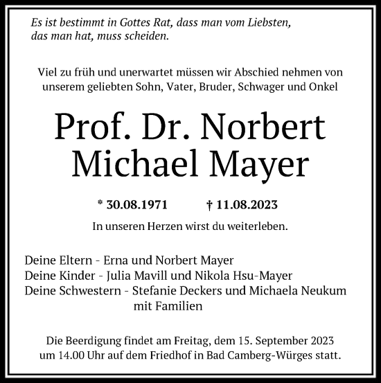 Traueranzeige von Norbert Michael Mayer von FNPFNPFNP