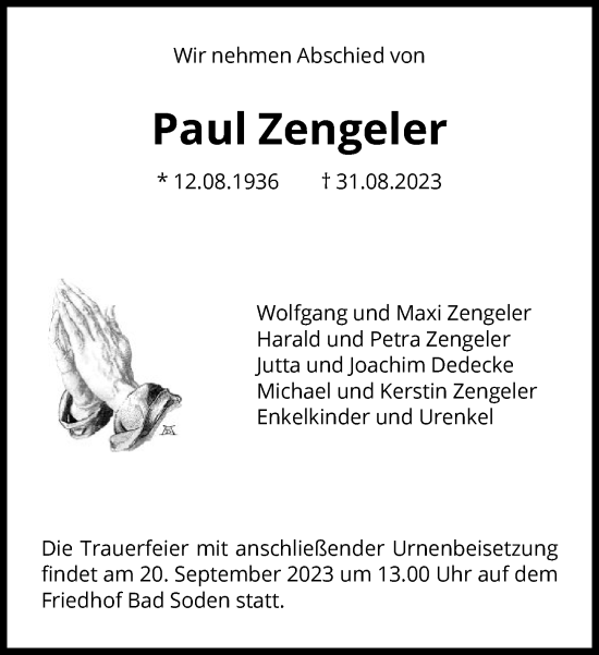 Traueranzeige von Paul Zengeler von FNP