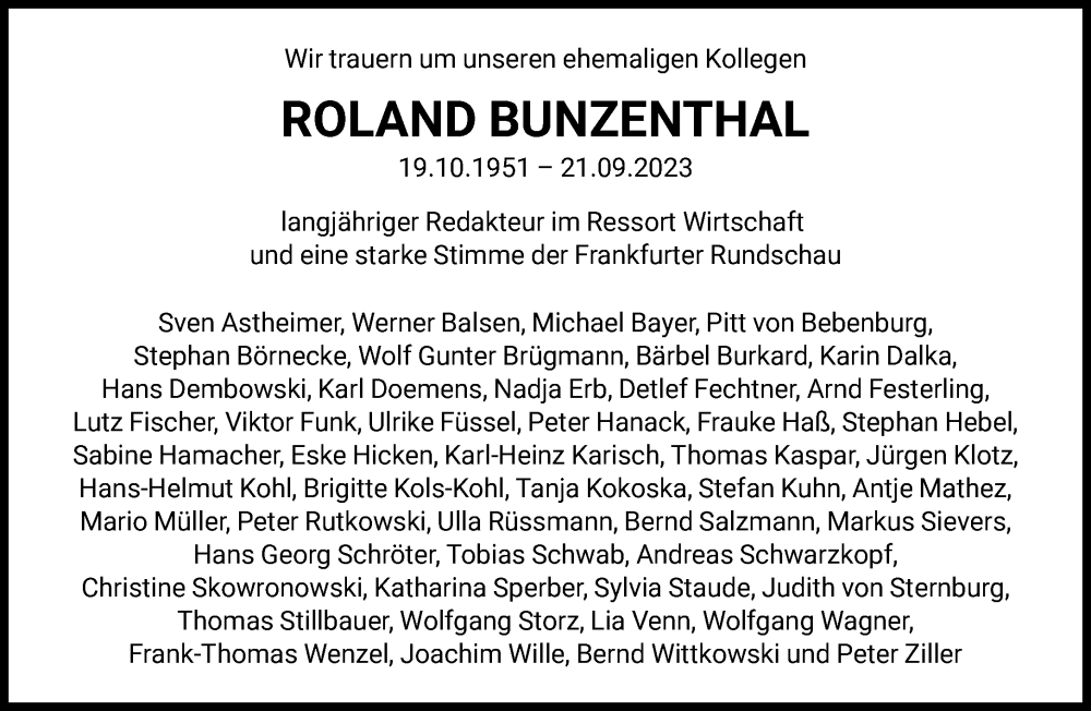  Traueranzeige für Roland Bunzenthal vom 29.09.2023 aus FNPFNP