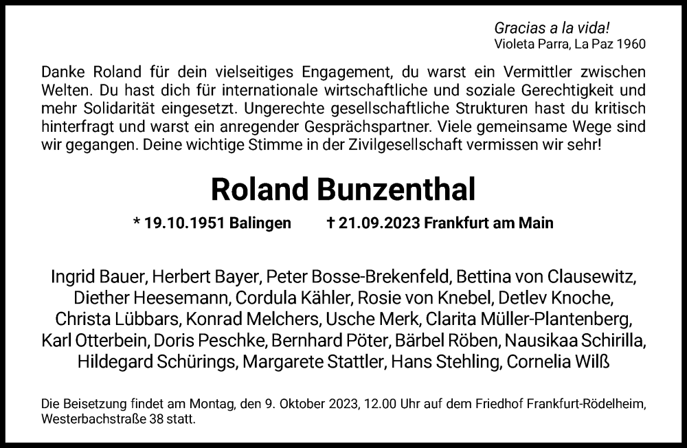  Traueranzeige für Roland Bunzenthal vom 30.09.2023 aus FNP