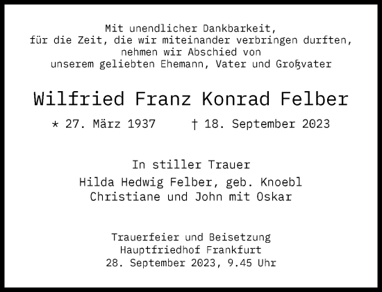 Traueranzeige von Wilfried Franz Konrad Felber von FNP