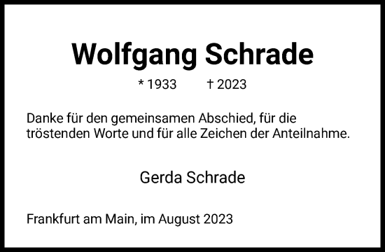 Traueranzeige von Wolfgang Schrade von FNPFNPFNP