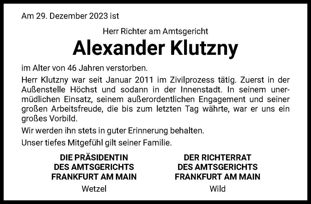  Traueranzeige für Alexander Klutzny vom 10.01.2024 aus FNP