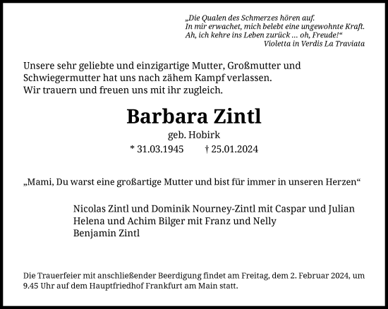 Traueranzeige von Barbara Zintl von FNP