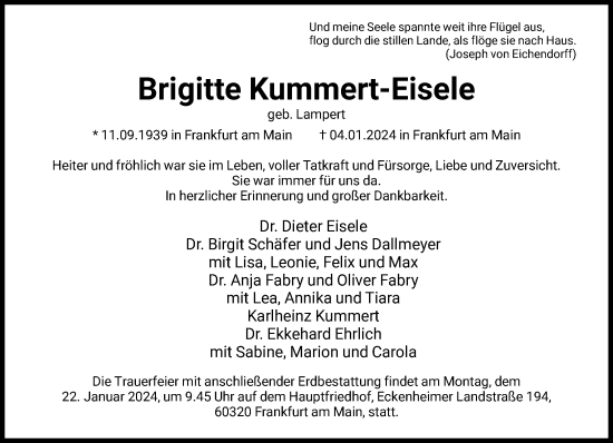 Traueranzeige von Brigitte Kummert-Eisele von FNP