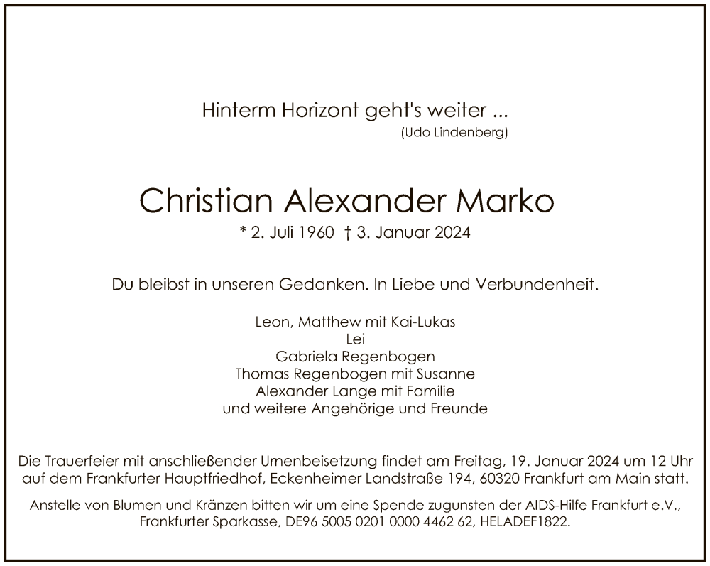  Traueranzeige für Christian Alexander Marko vom 13.01.2024 aus FNP