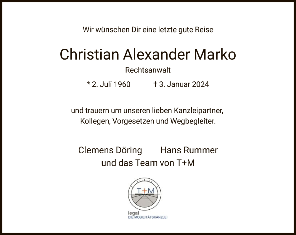  Traueranzeige für Christian Alexander Marko vom 13.01.2024 aus FNP