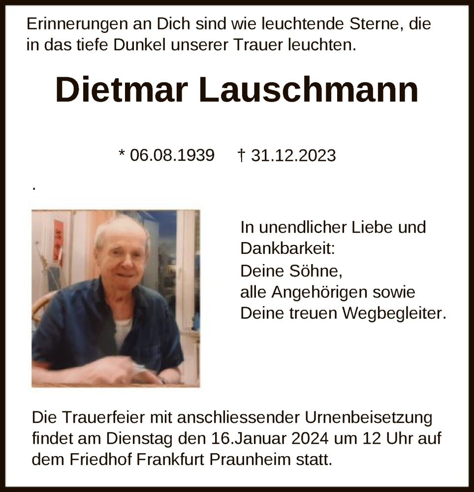  Traueranzeige für Dietmar Lauschmann vom 06.01.2024 aus FNP