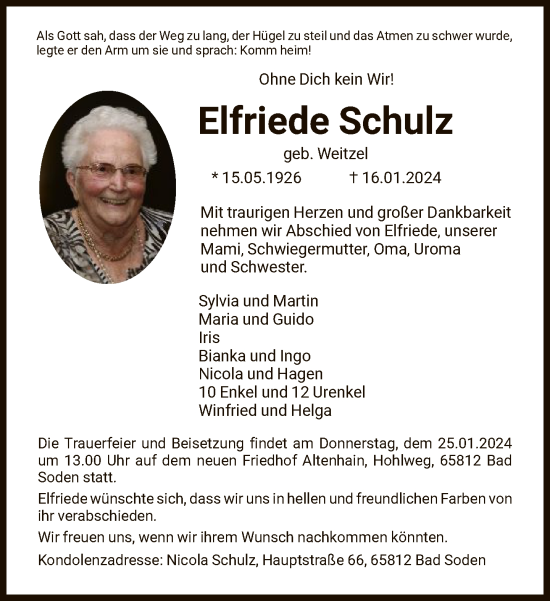 Traueranzeige von Elfriede Schulz von FNP