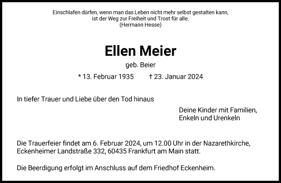 Traueranzeige von Ellen Meier von FNP