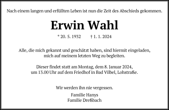 Traueranzeige von Erwin Wahl von FNP