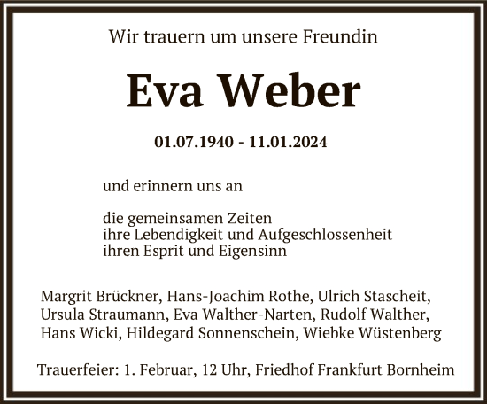 Traueranzeige von Eva Weber von FNP