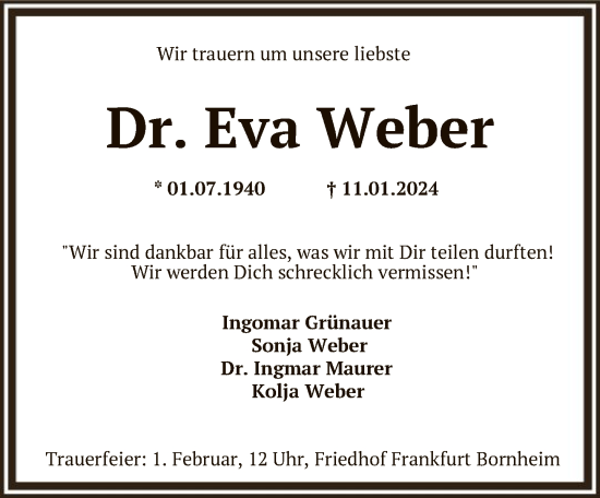 Traueranzeige von Eva Weber von FNP