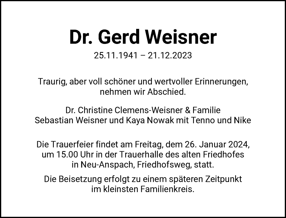  Traueranzeige für Gerd Weisner vom 06.01.2024 aus FNP