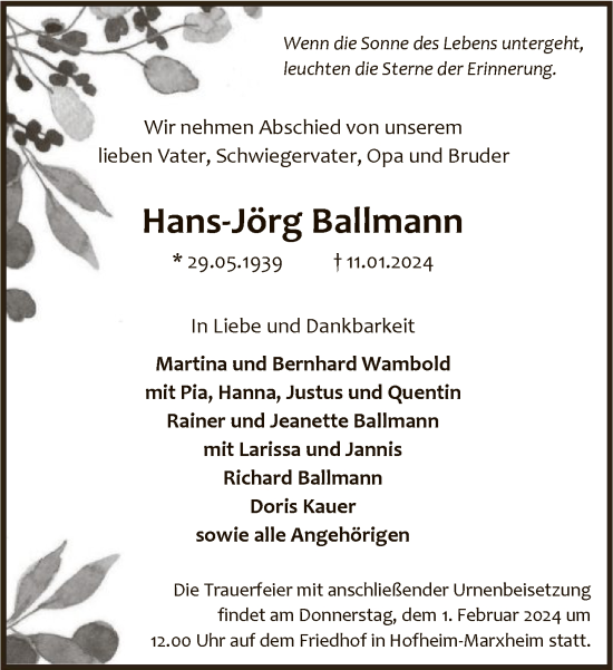 Traueranzeige von Hans-Jörg Ballmann von FNP