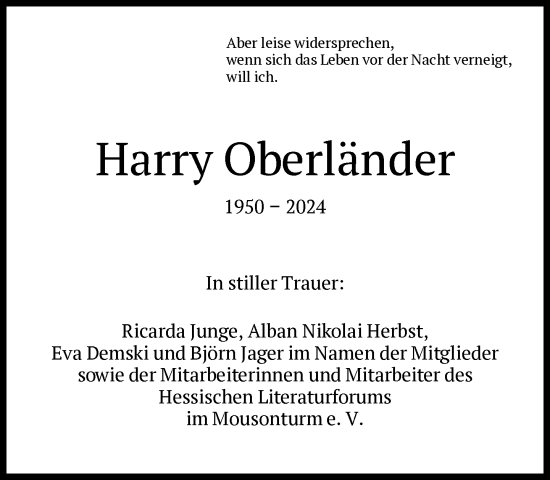 Traueranzeige von Harry Oberländer von FNP