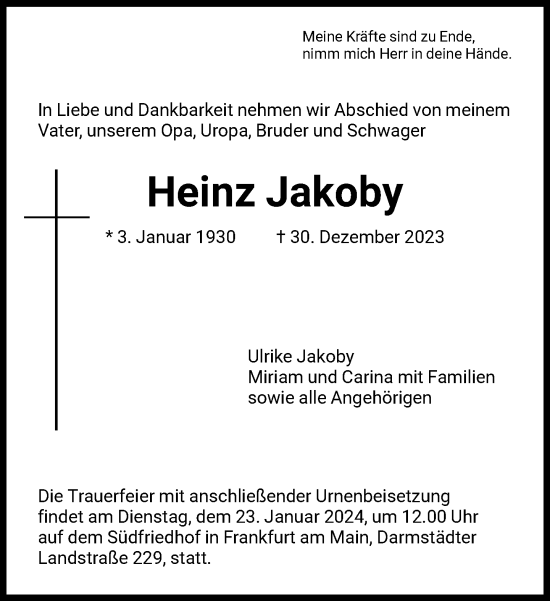 Traueranzeige von Heinz Jakoby von FNP