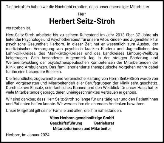 Traueranzeige von Herbert Seitz-Stroh von FNP