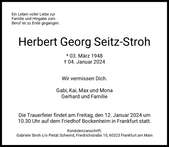 Traueranzeige von Herbert Seitz-Stroh von FNP