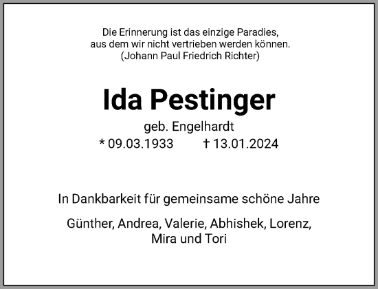 Traueranzeige von Ida Pestinger von FNP