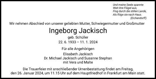 Traueranzeige von Ingeborg Jackisch von FNP