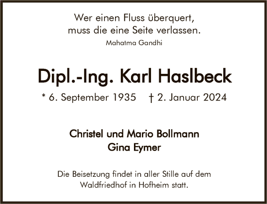 Traueranzeige von Karl Haslbeck von FNP