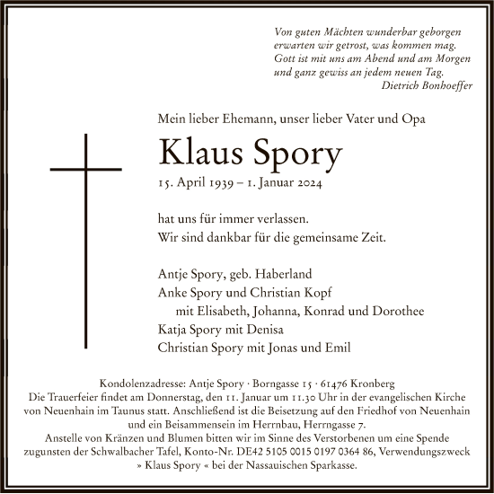 Traueranzeige von Klaus Spory von FNP