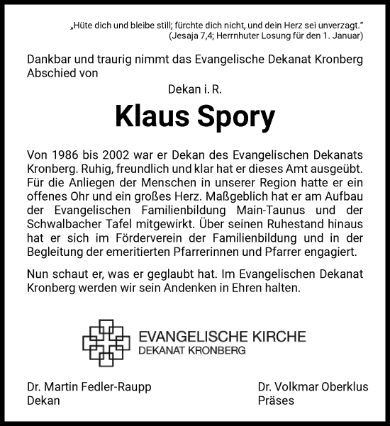 Traueranzeige von Klaus Spory von FNP