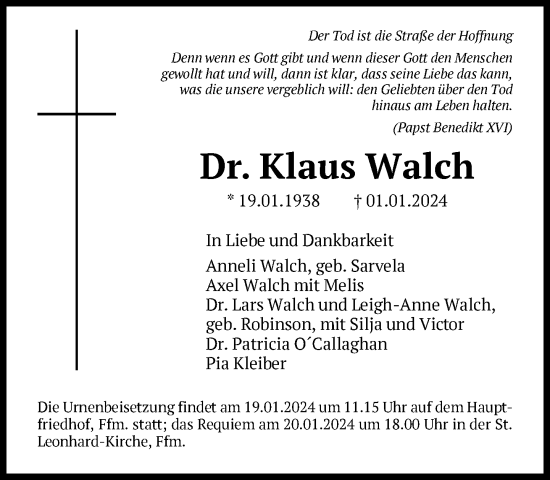 Traueranzeige von Klaus Walch von FNP