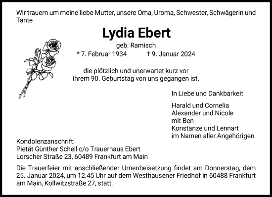 Traueranzeige von Lydia Ebert von FNP