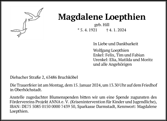 Traueranzeige von Magdalene Loepthien von FNP