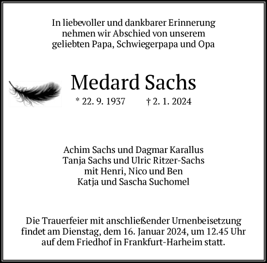 Traueranzeige von Medard Sachs von FNP