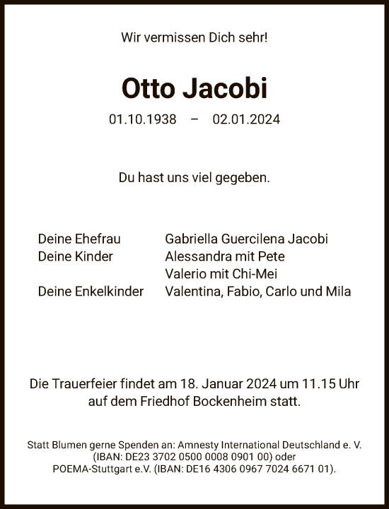 Traueranzeige von Otto Jacobi von FNP