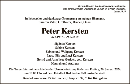 Traueranzeige von Peter Kersten von FNP