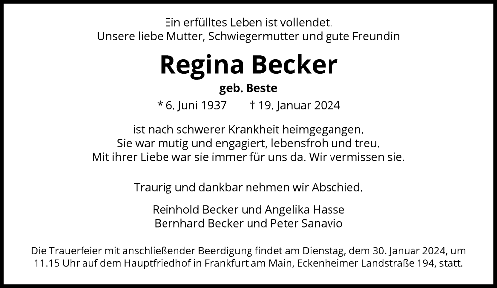  Traueranzeige für Regina Becker vom 27.01.2024 aus FNP