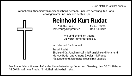 Traueranzeige von Reinhold Kurt Rudat von FNP