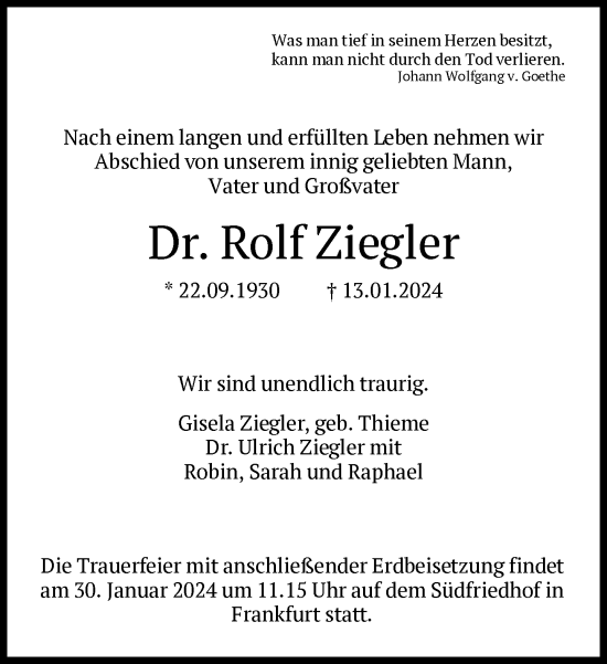 Traueranzeige von Rolf Ziegler von FNP